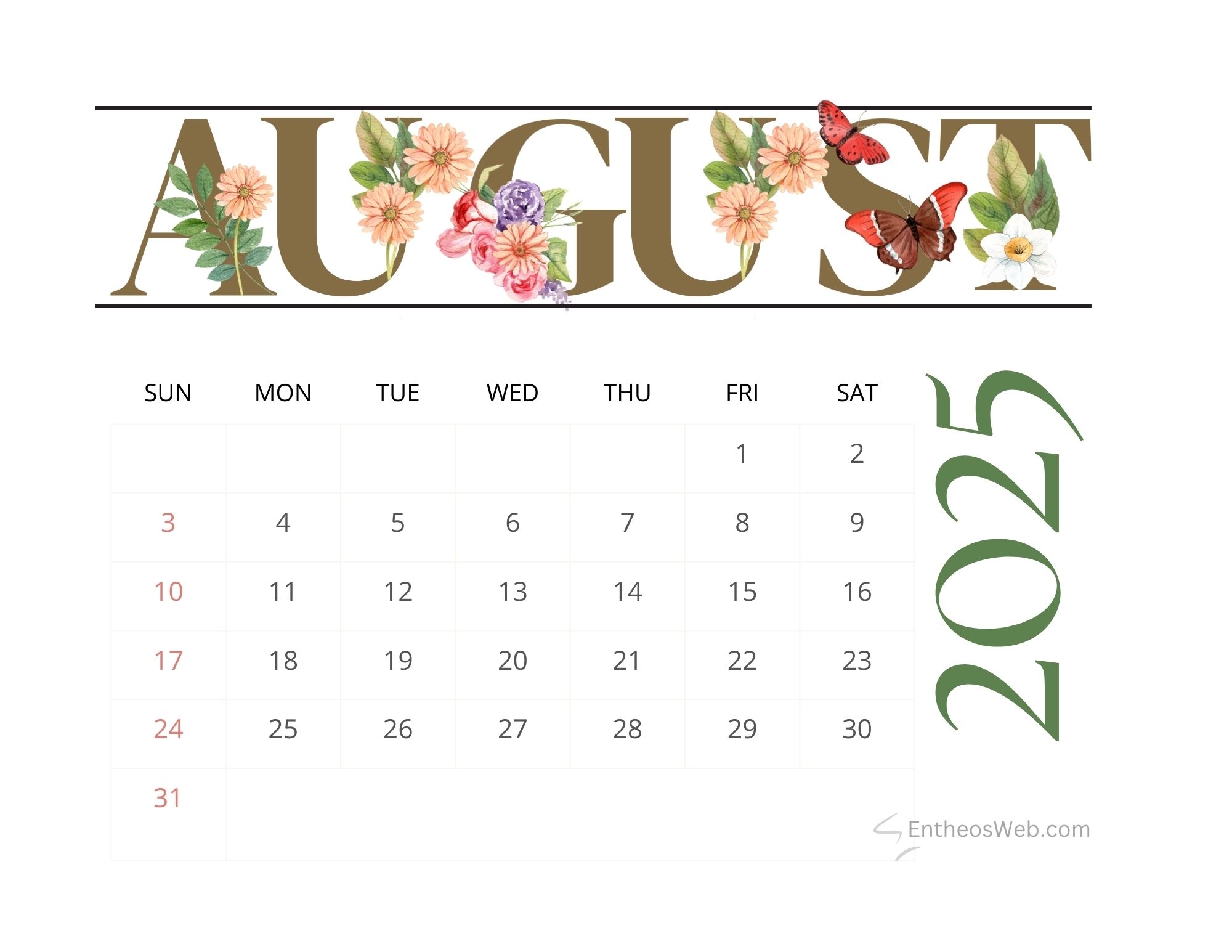 Free August 2025 Calendar PDF EntheosWeb