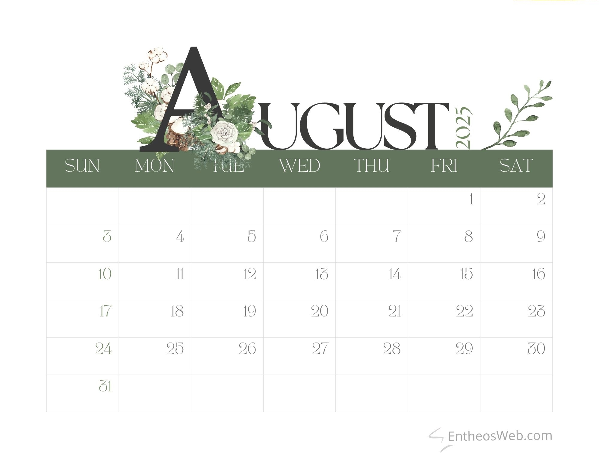 Free August 2025 Calendar PDF EntheosWeb