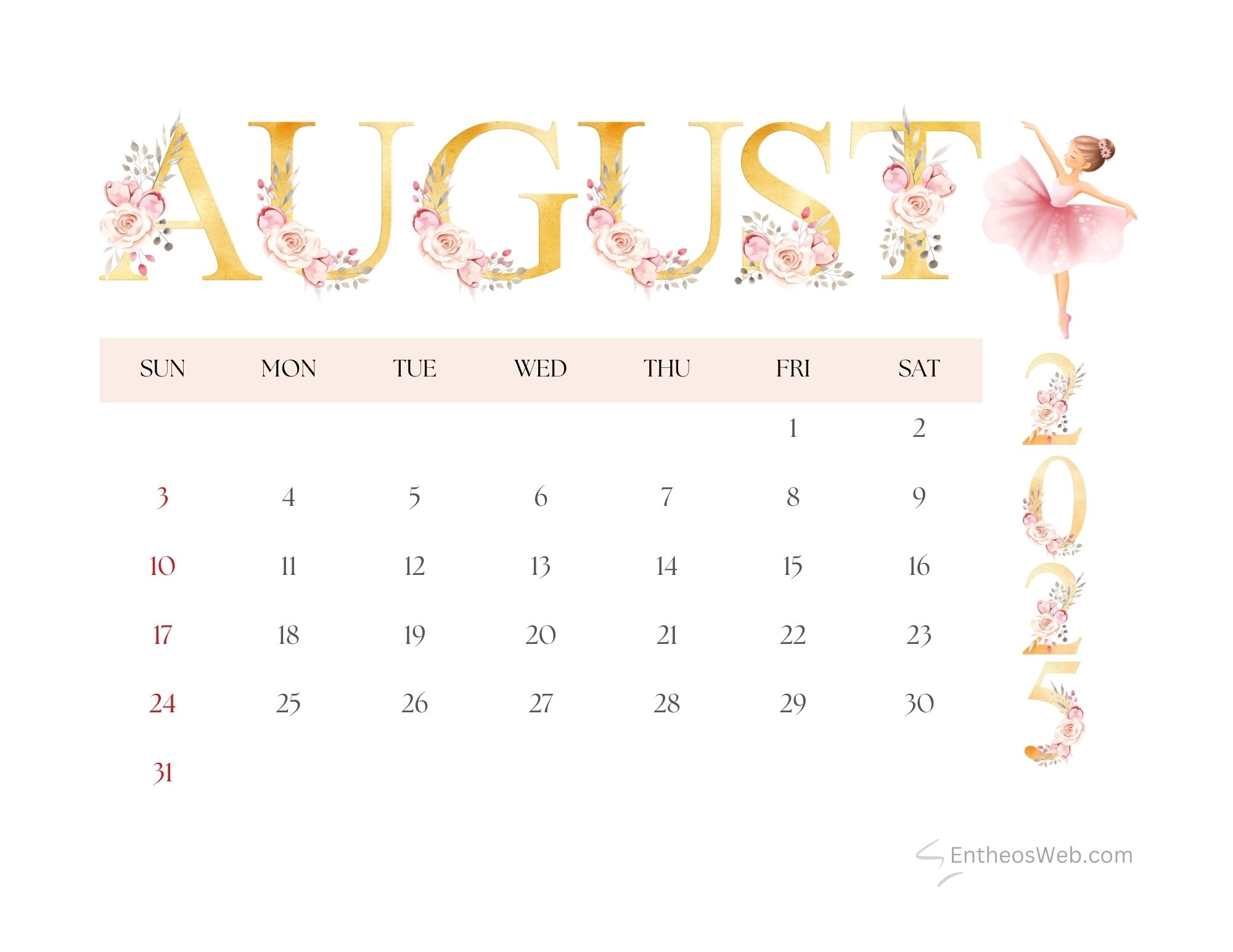 Free August 2025 Calendar PDF EntheosWeb