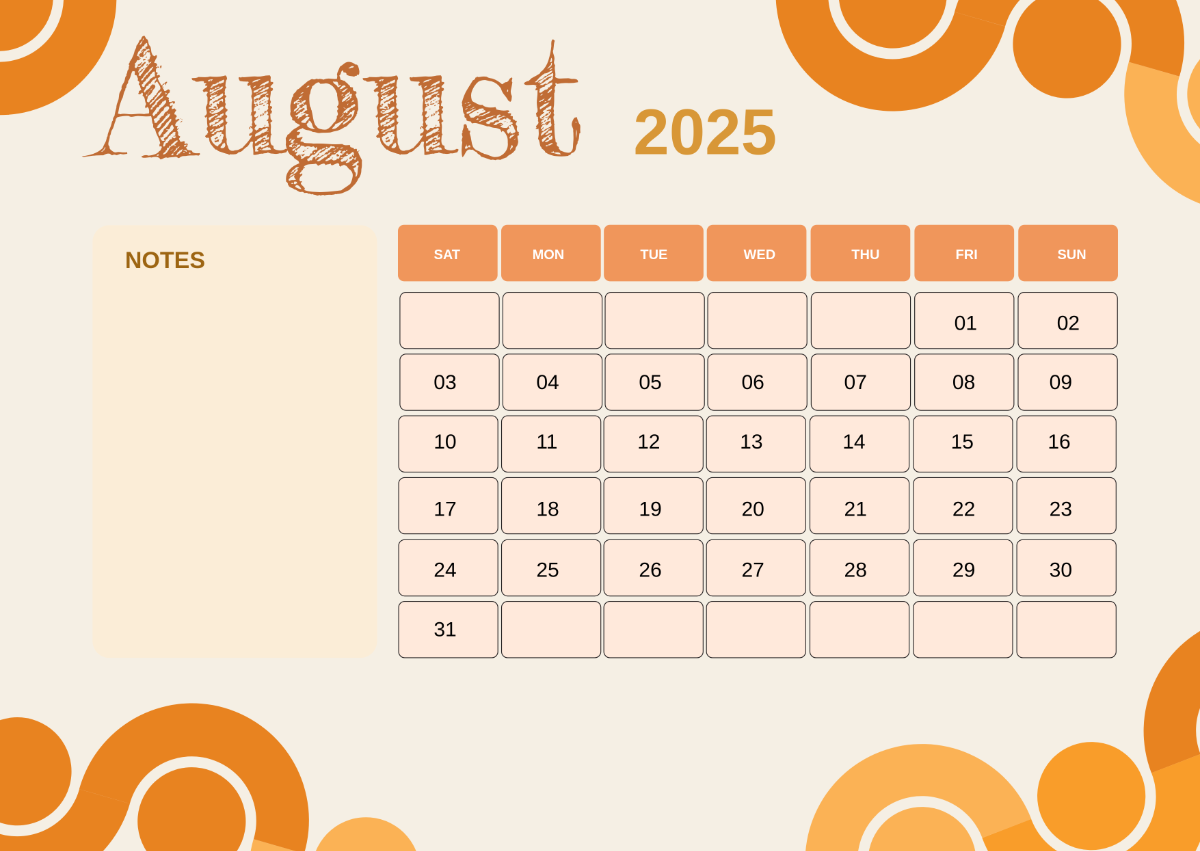 Free August 2025 Calendar Template To Edit Online