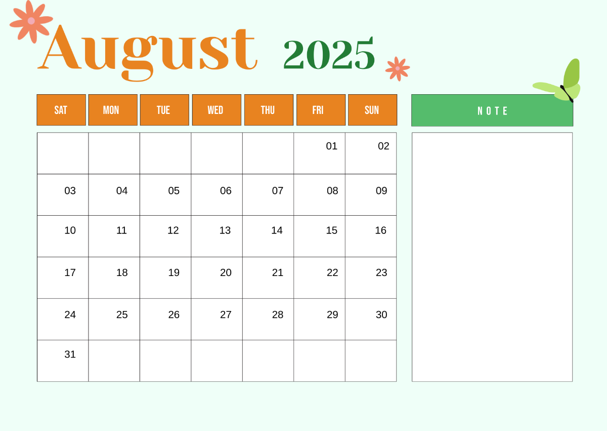 Cute August 2025 Calendar Blank Cute August 2025 Calendar Blank