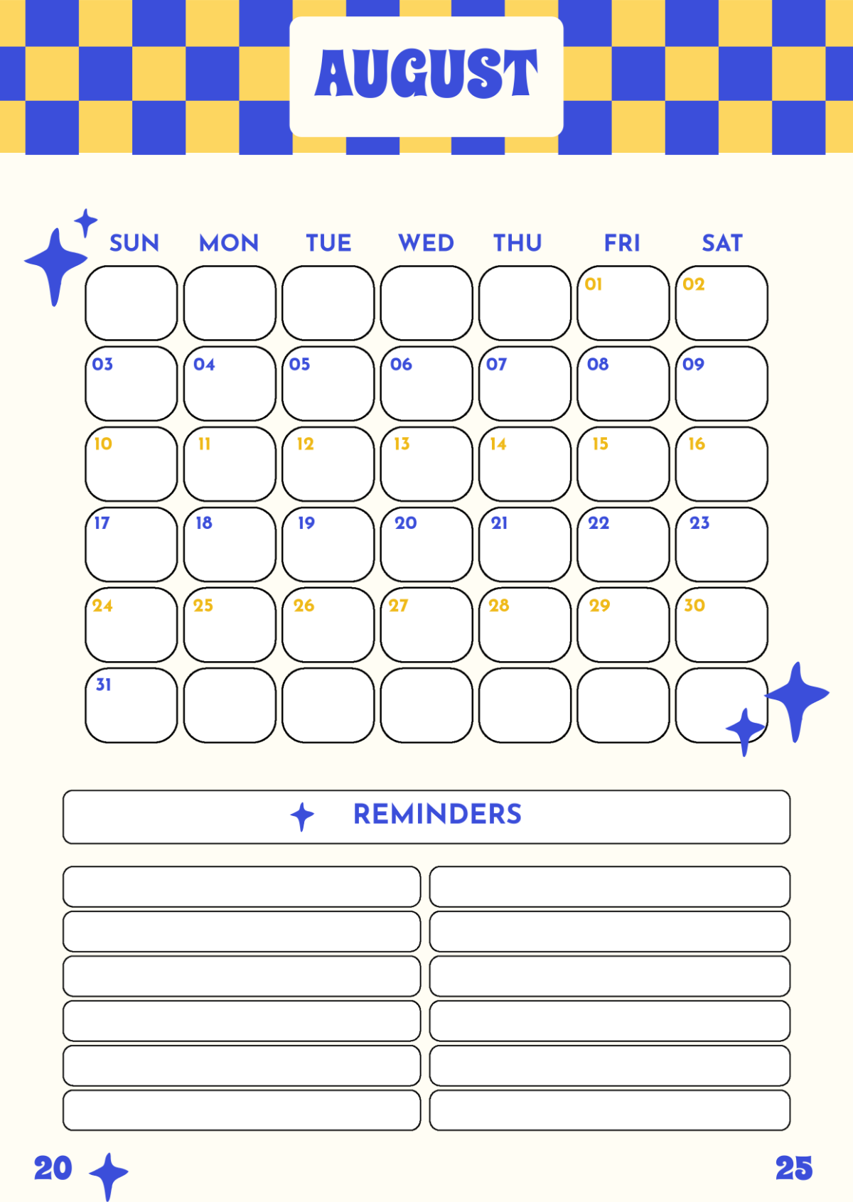 Blank August 2025 Calendar Printable