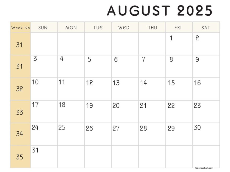 Free Cute Printable August 2025 Calendars CalendarKart