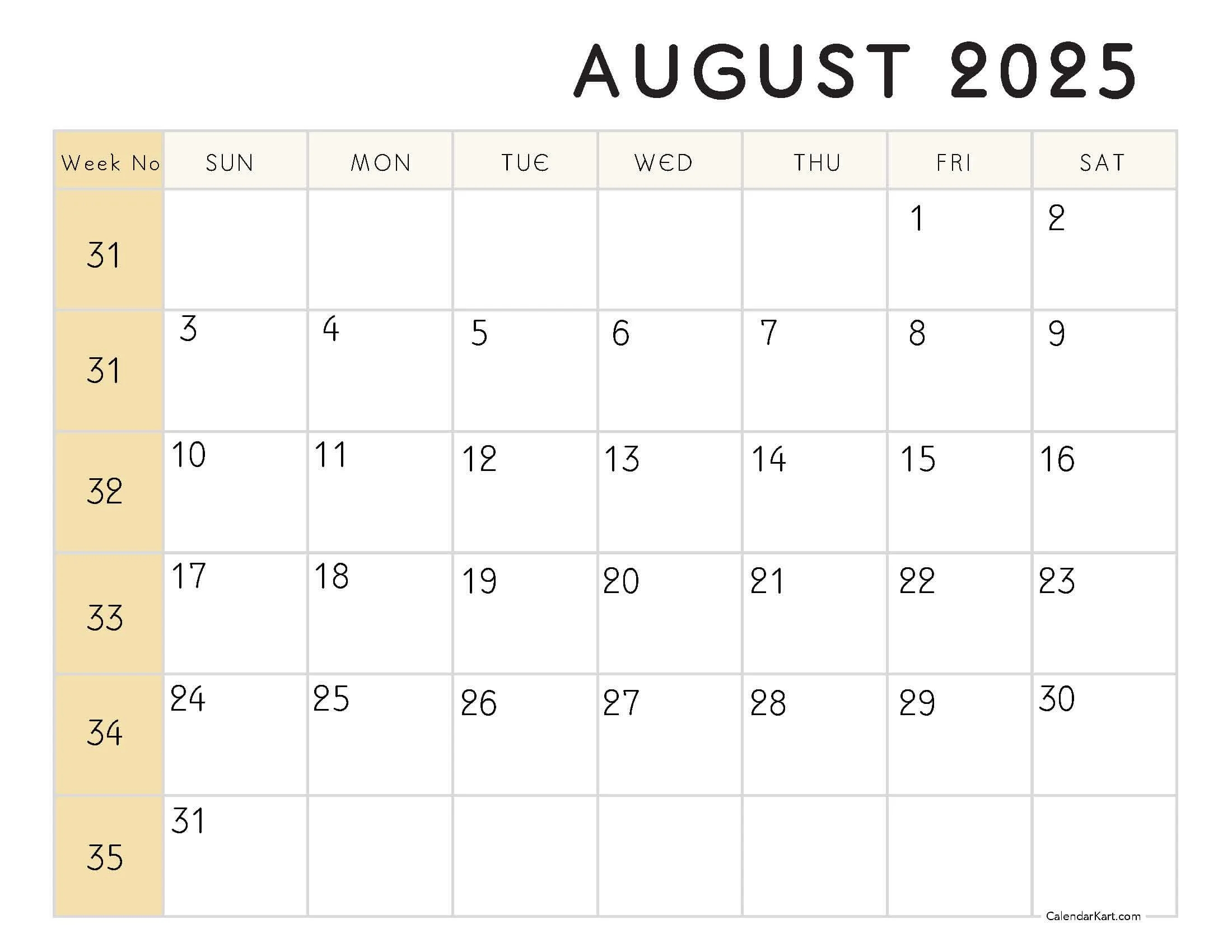 August 2025 Blank Printable Calendar