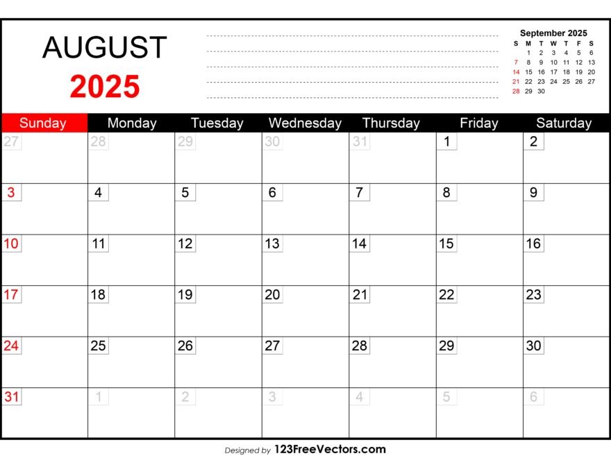 Free Download August 2025 Printable Calendar