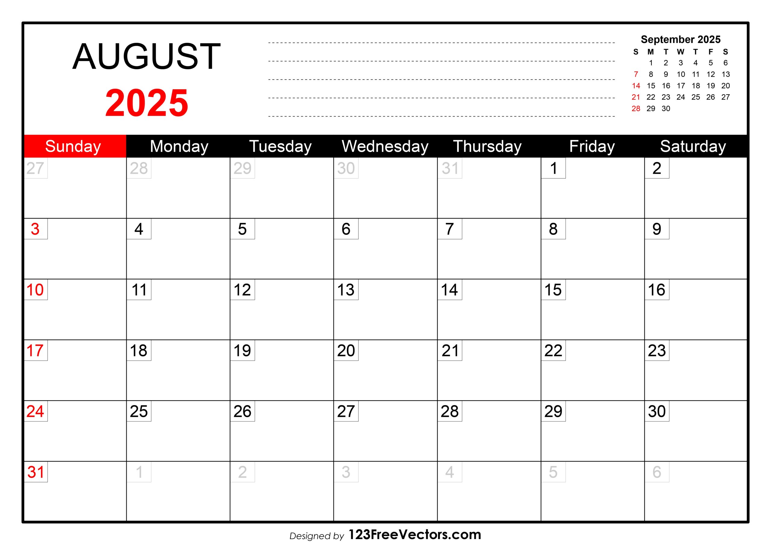 Print August 2025 Blank Calendar