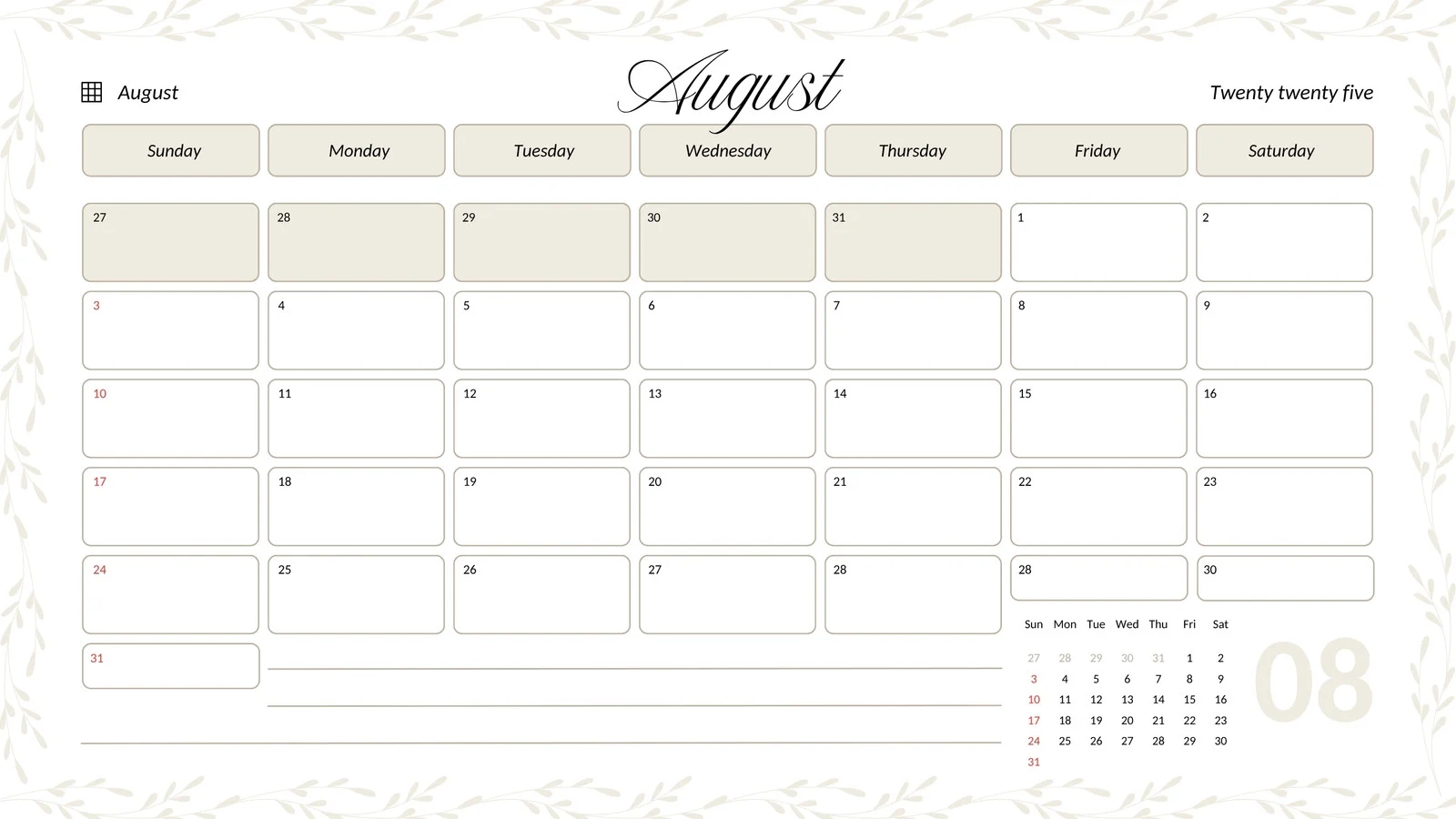 August Blank Calendar 2025 Printable