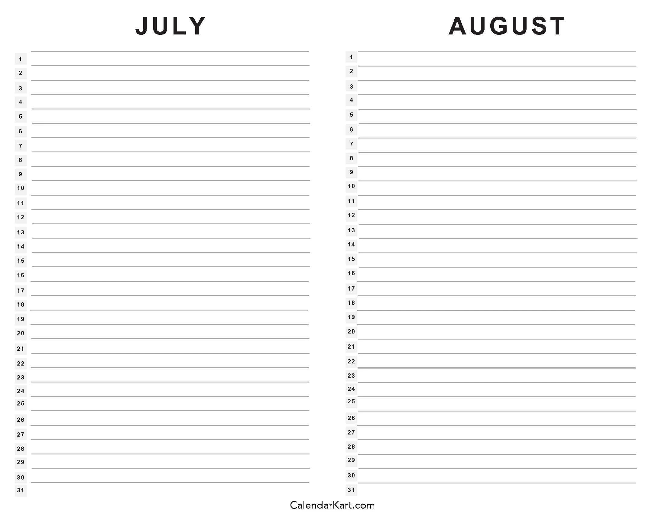 Free Printable July August 2025 Calendar Calendarkart