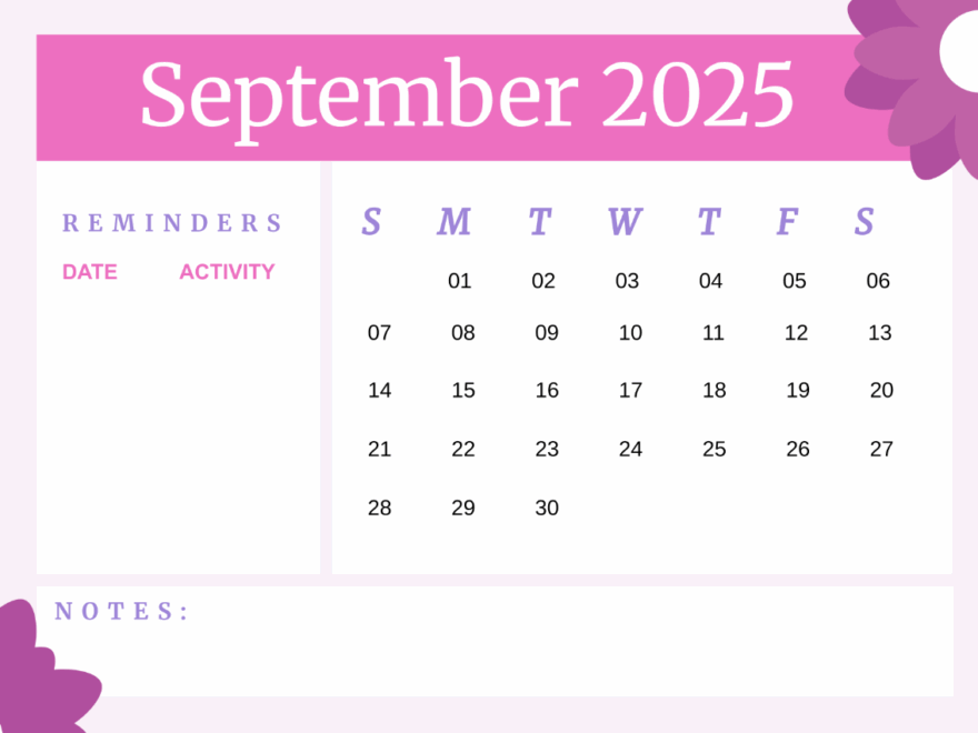 Free September 2025 Calendar With Reminders Template To Edit Online