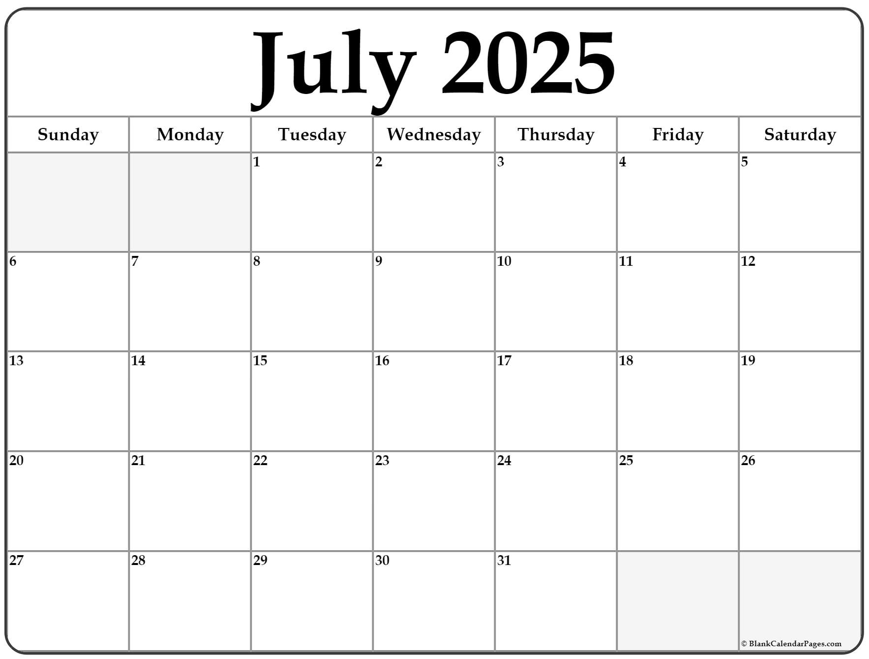 July 2025 Calendar Free Printable Calendars