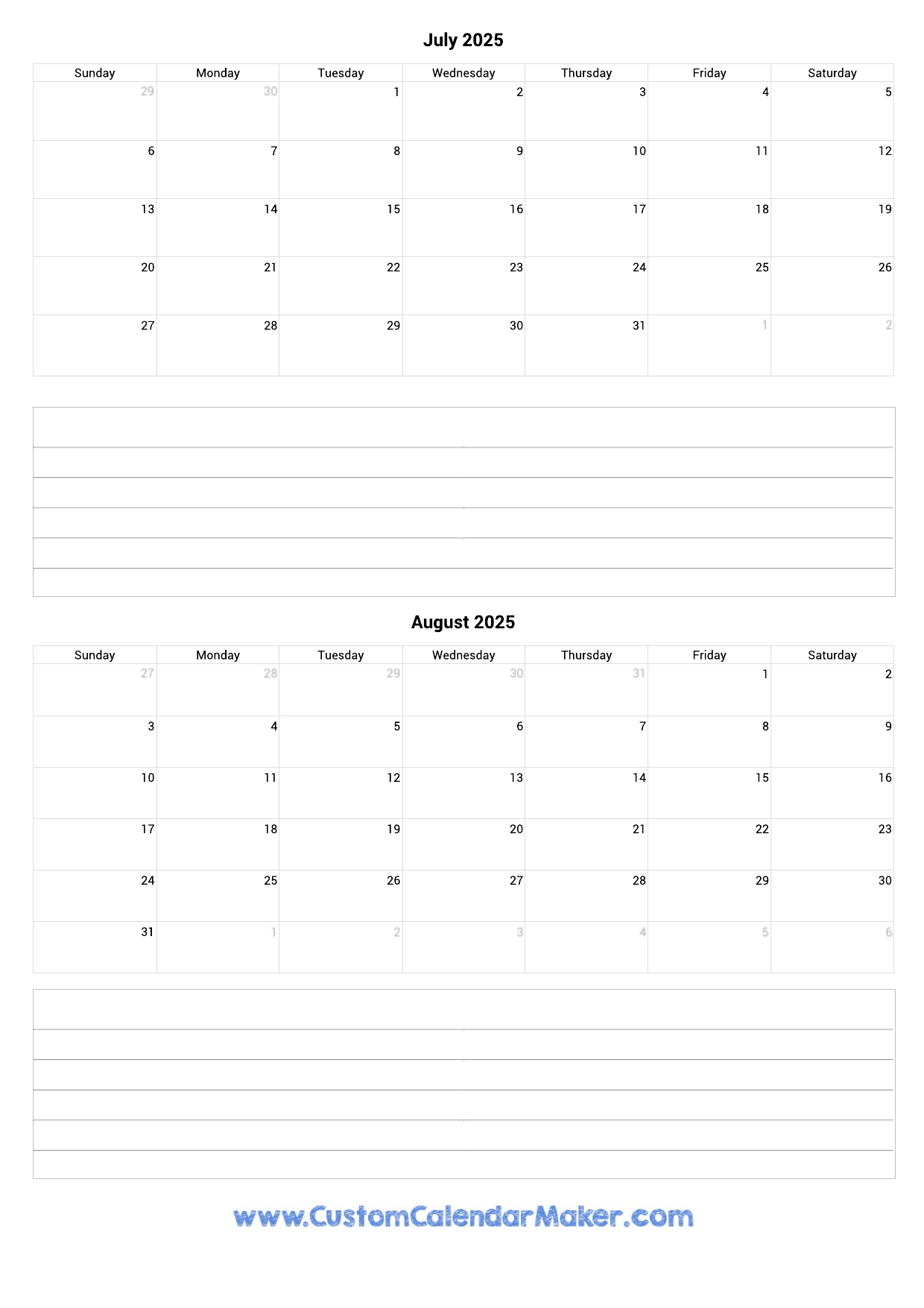 July And August 2025 Calendar Custom Calendar Maker