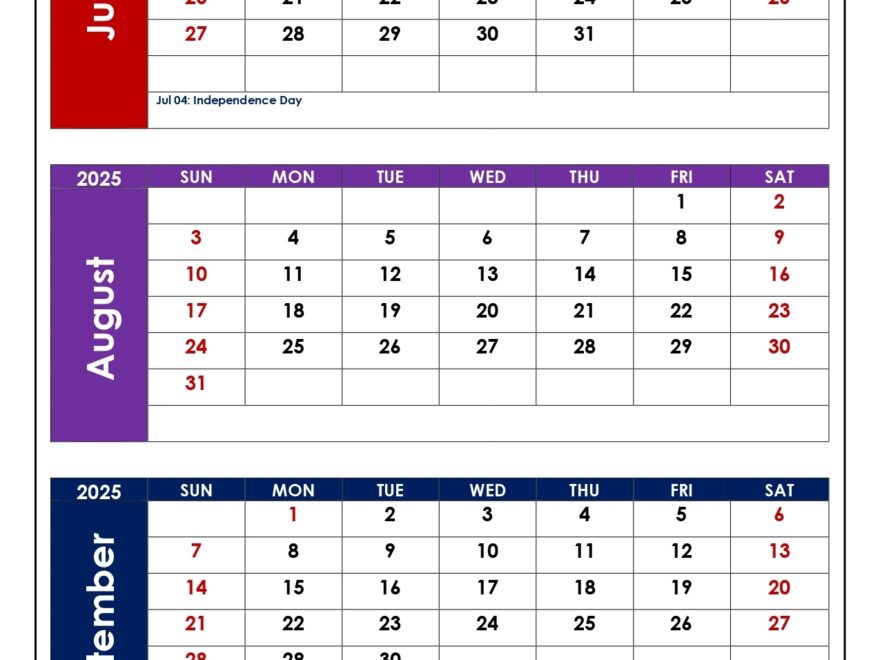 July To September 2025 Calendar Printable PDF Three Months Calendar