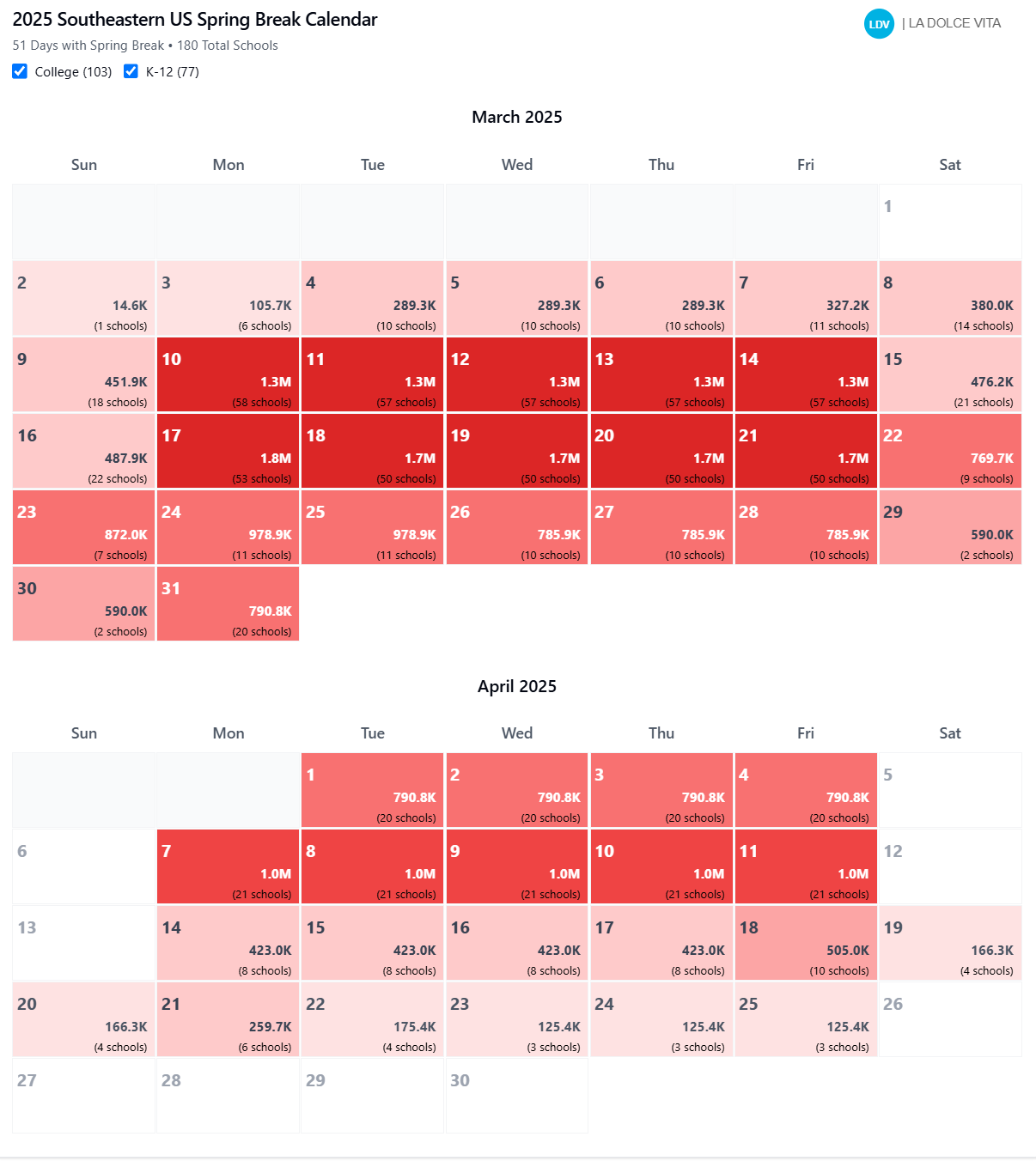 LDV 2025 Southwest US Spring Break Calendar College K 12