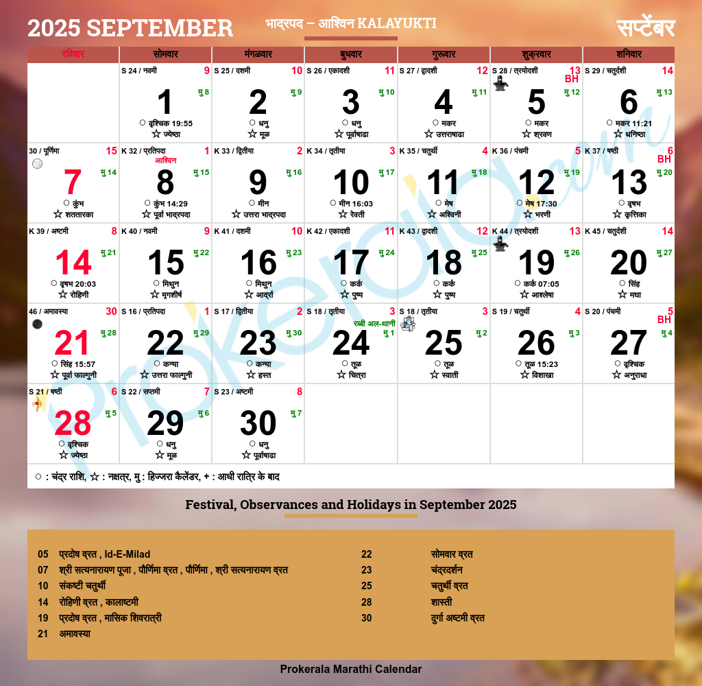 Mahalaxmi Calendar 2025 September