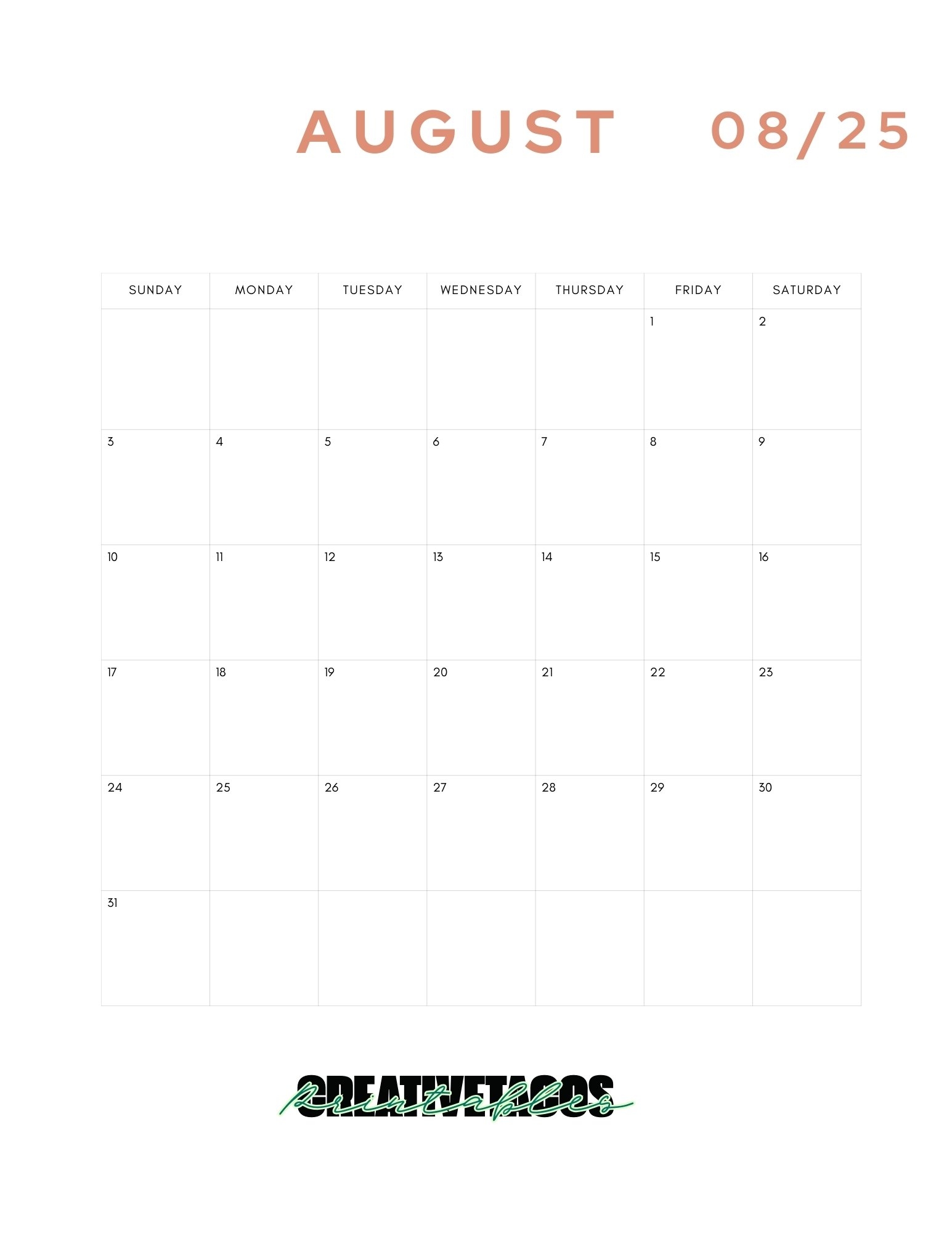 Minimalist Printable 2025 Monthly Calendar Template
