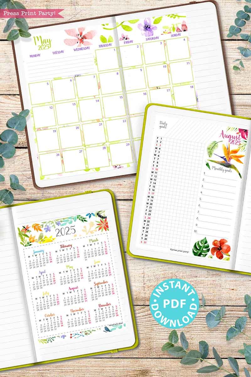 Monday Start 2025 Calendar Printable Set For Bullet Journals Or Binders Watercolor for Bullet Journals Or Binders 