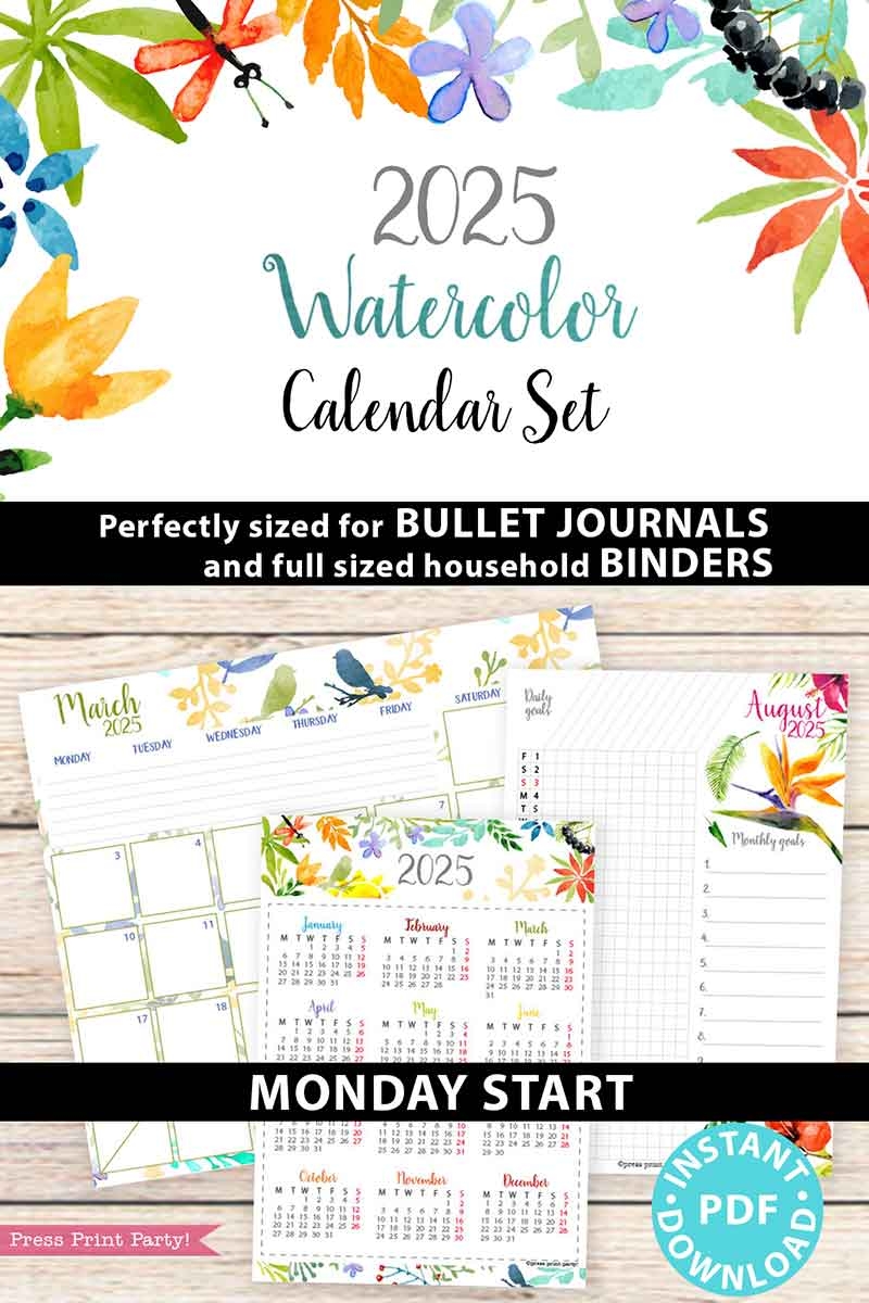 Monday Start 2025 Calendar Printable Set For Bullet Journals Or Binders Watercolor for Bullet Journals Or Binders 