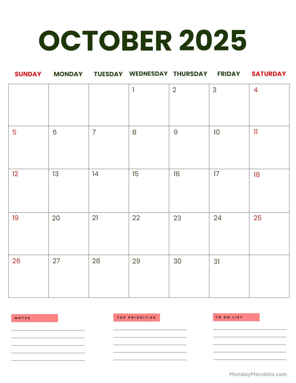 October 2025 Calendar 52 Free PDF Printables 