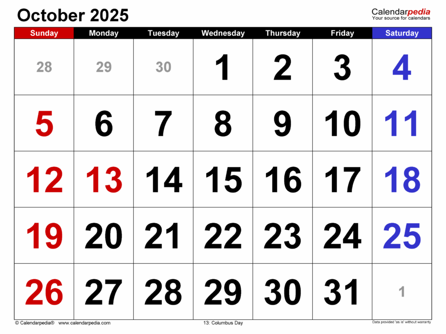 October 2025 Calendar Templates For PDF Excel And Word