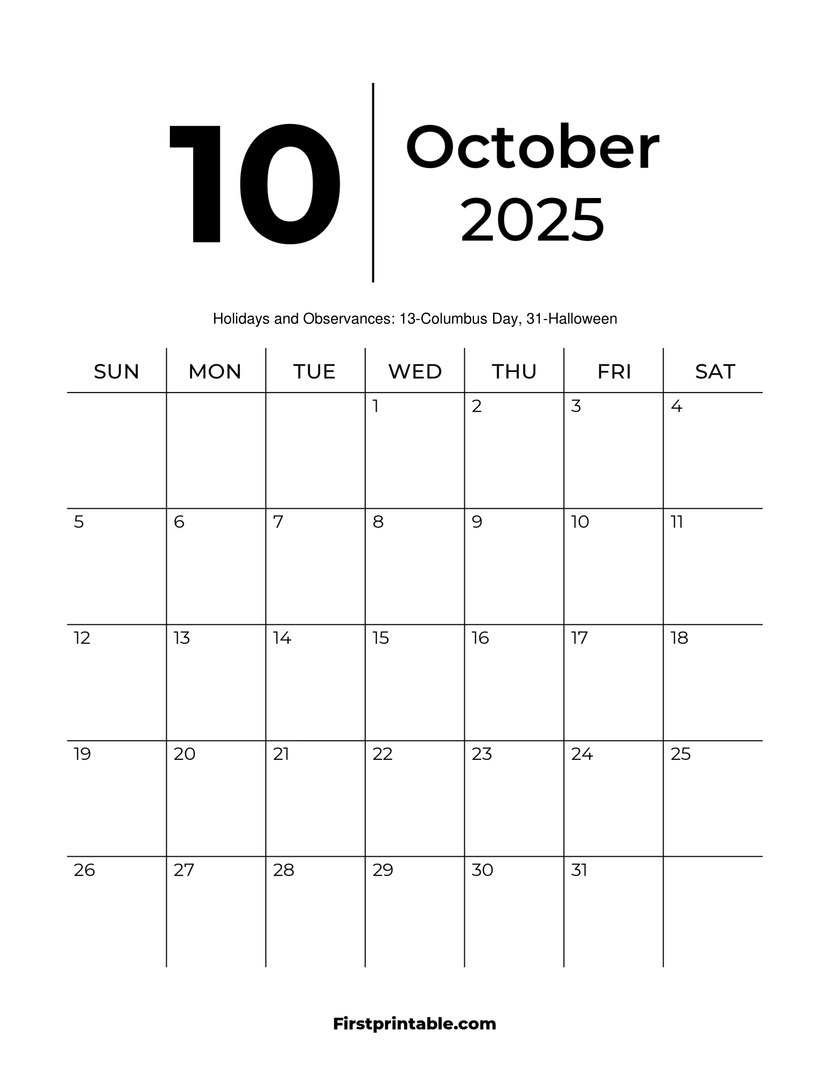 October 2025 Calendars Free Printable Fillable