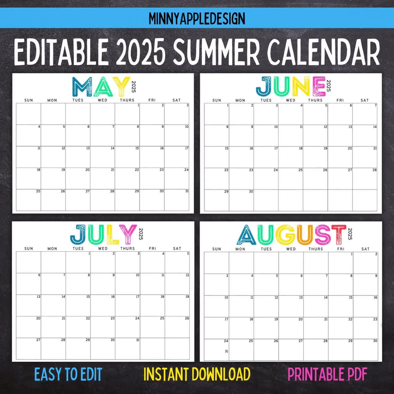 Printable Editable SUMMER Calendar June July August Calendar May 2025 June 2025 July 2025 August 2025 Summer Planner Etsy