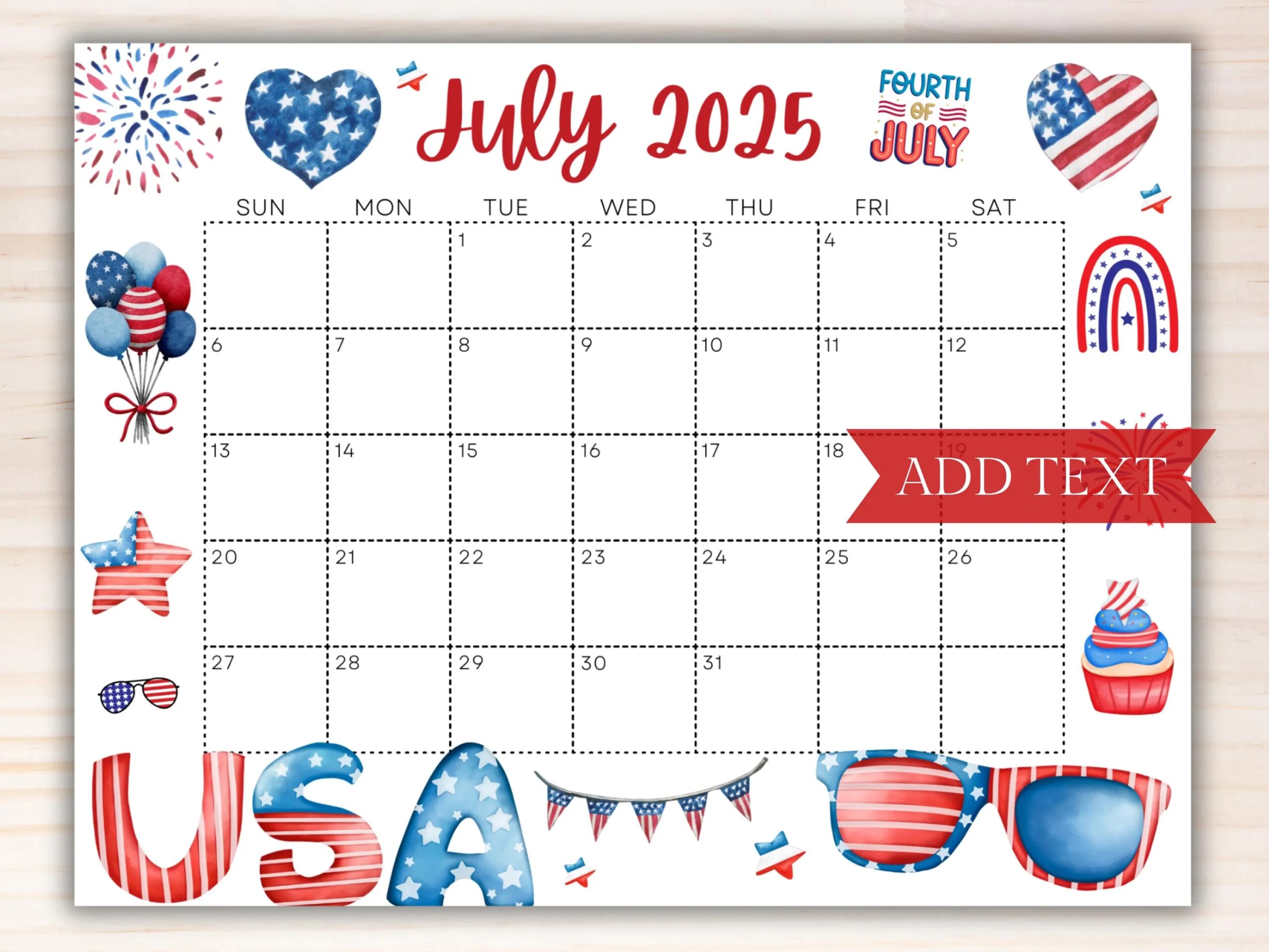 Printable Fourth Of July 2025 Calendar Editable Summer Calendar With American Flag Monthly Calendar Fillable Calendar July Planner Etsy