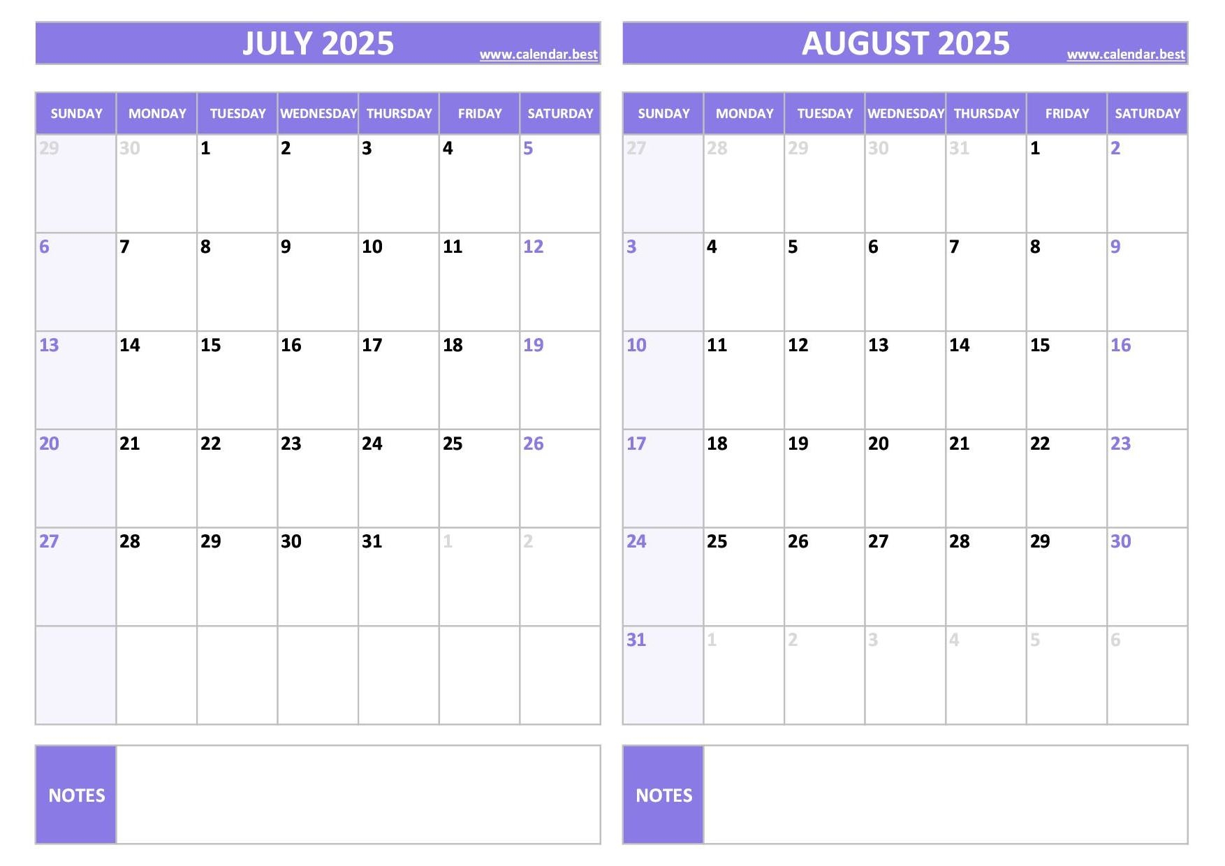 Printable July And August 2025 Calendar Free PDF JPG Downloads
