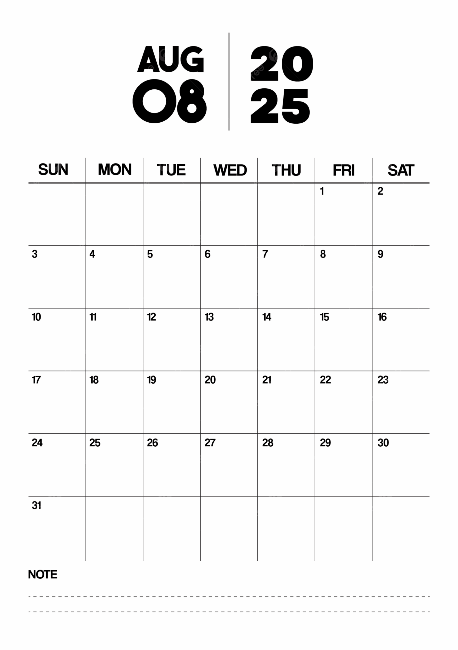 Printable Monthly Calendar Planner Template For August 2025 In Minimalist Style And Portrait Format Vector Template Download On Pngtree