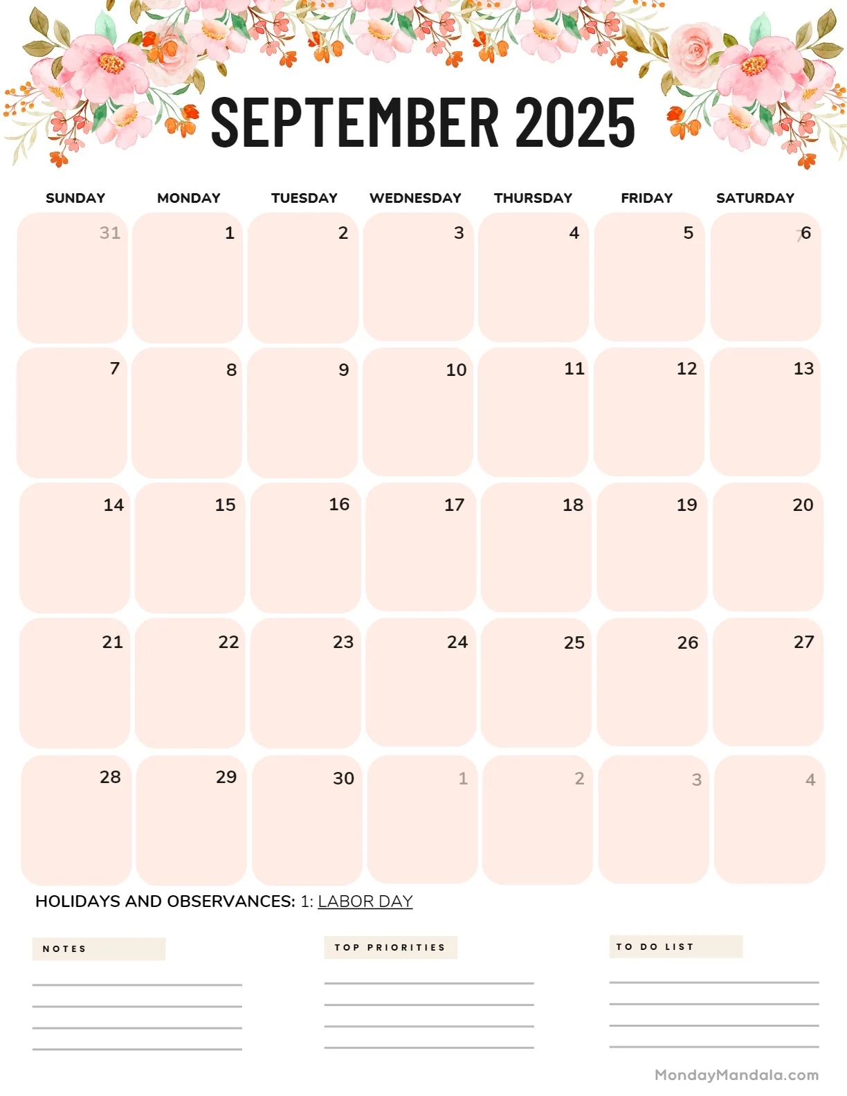 September Floral 2025 Blank Calendar