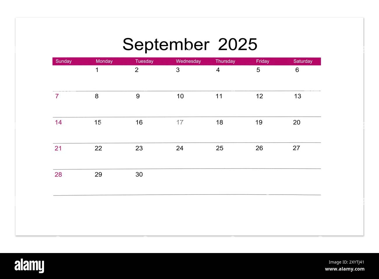 September 2025 Calendar Page For 2025 Year Isolated On White Background Saved Clipping Path Stock Photo Alamy
