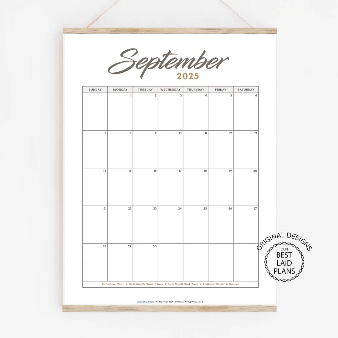 September 2025 Calendar Printable Download September 2025 PDF September Calendar 2025 Portrait Blank Minimalist Wall Calendar Month 2025 Etsy