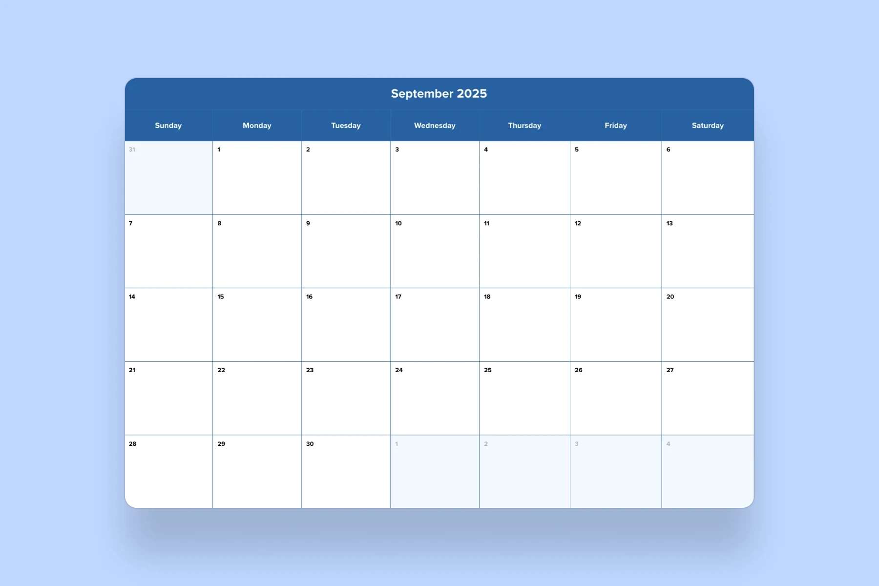 Blank Calendar 2025 September