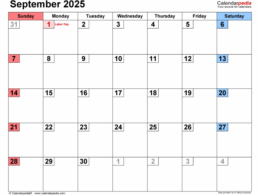 September 2025 Calendar Templates For PDF Excel And Word