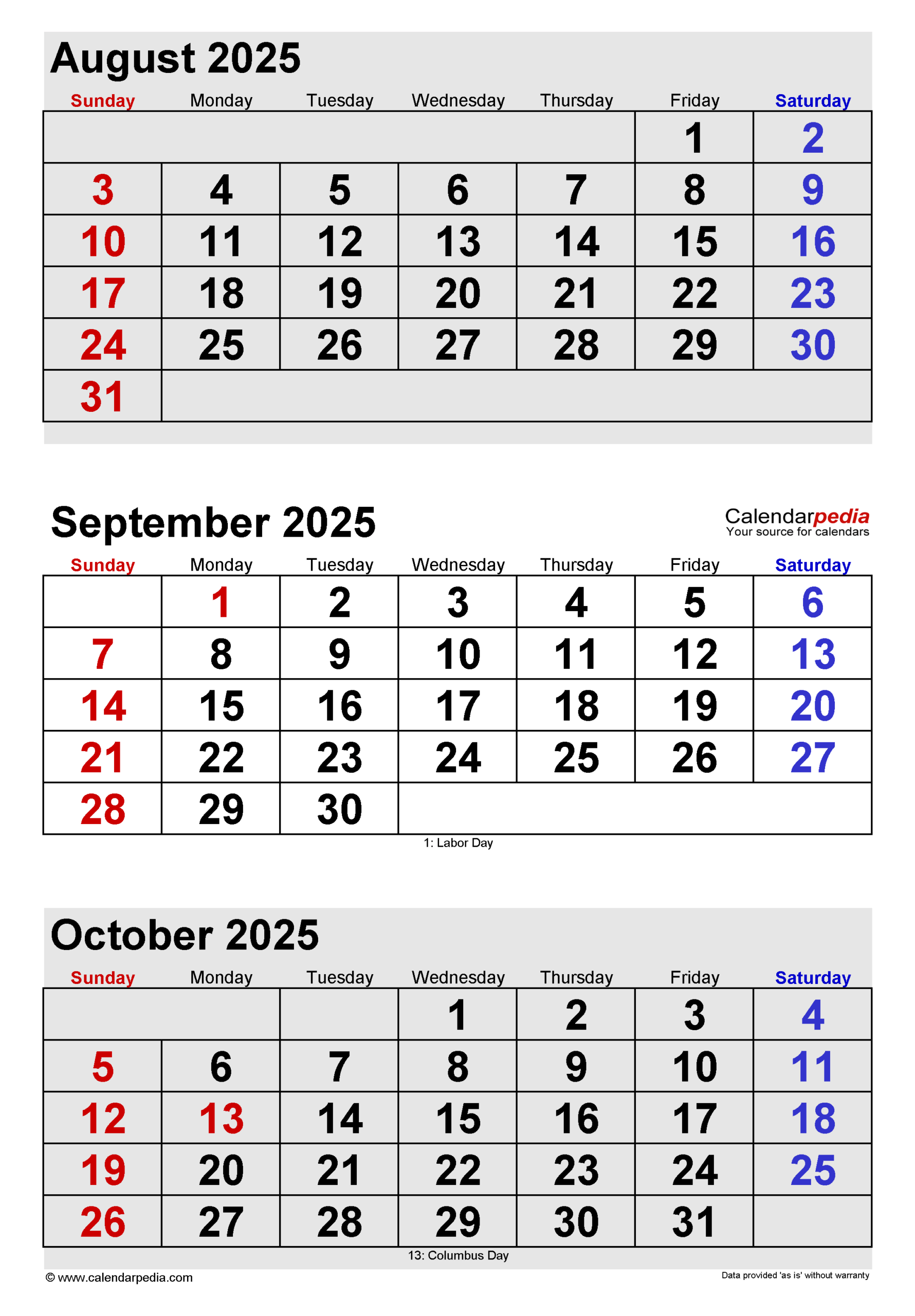 Blank Calendar August Through October 2025