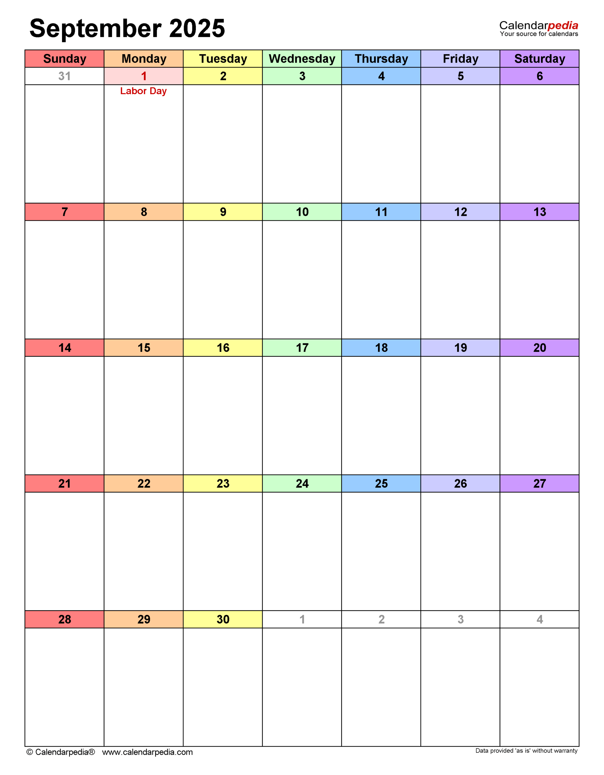 Blank 2025 Calendar Pages September