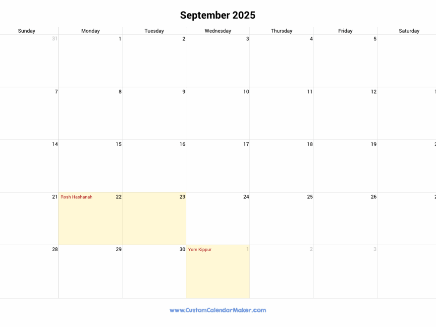 September 2025 Jewish Calendar With Hebrew Holidays Custom Calendar Maker