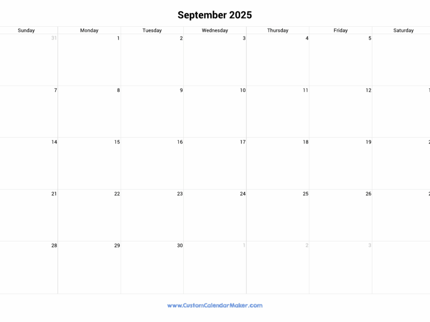 September 2025 Landscape Calendar With Large Boxes Custom Calendar Maker