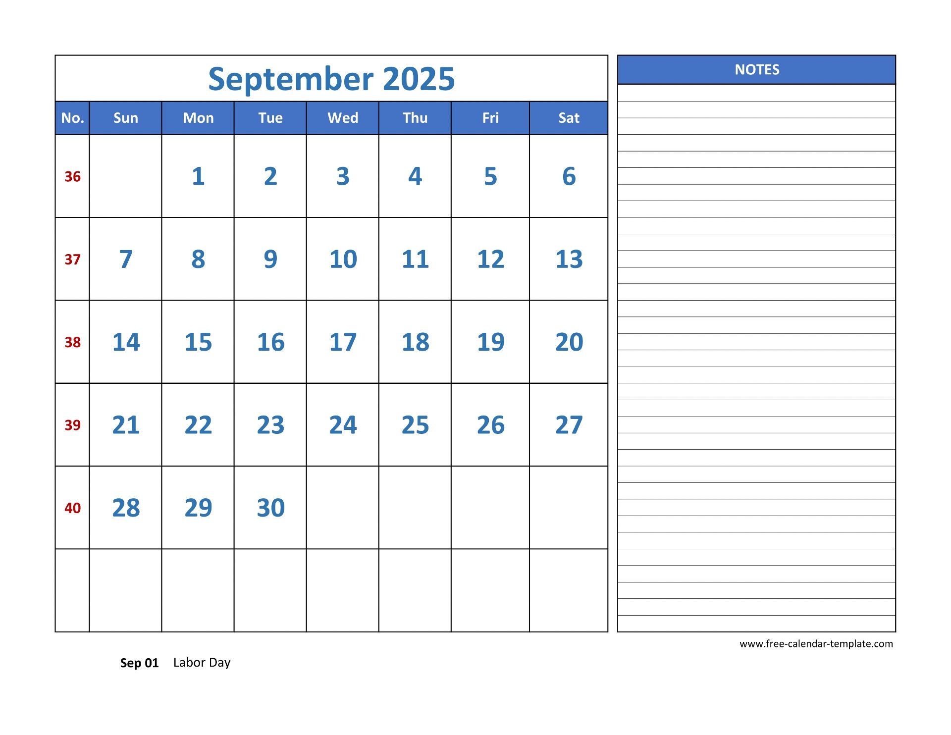 Blank September 2025 Calendar With Lines