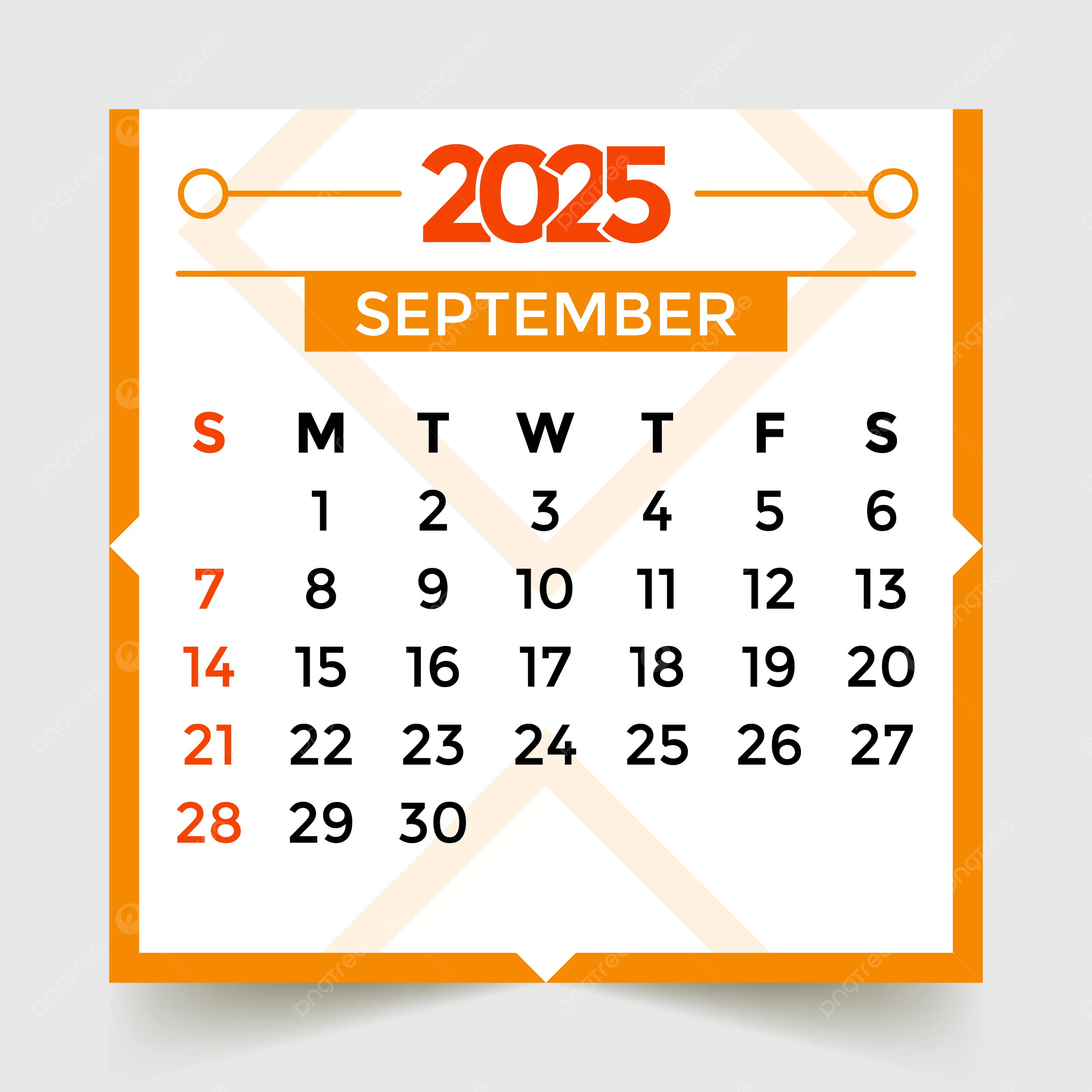 September Month 2025 Calendar Orange Vector Template Download On Pngtree