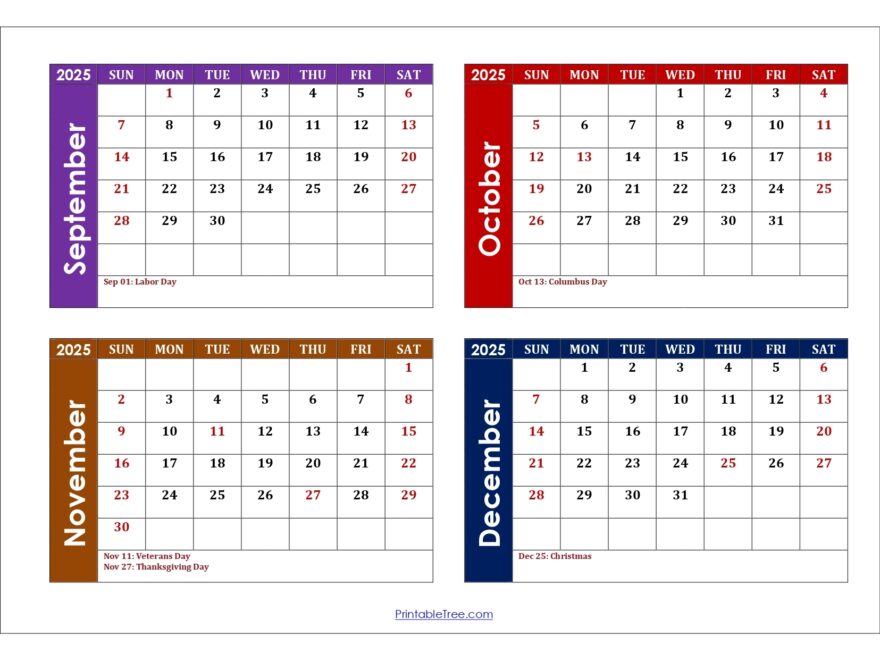 September To December 2025 Calendar Printable PDF Four Months Calendar