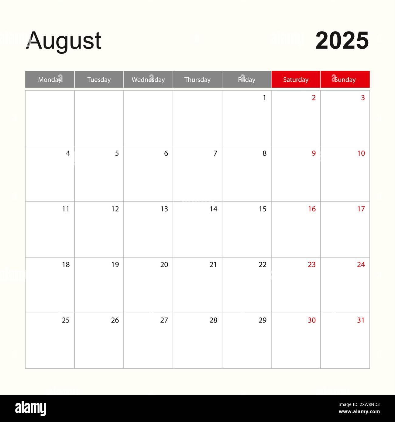 Blank Calendar Templatet August 2025