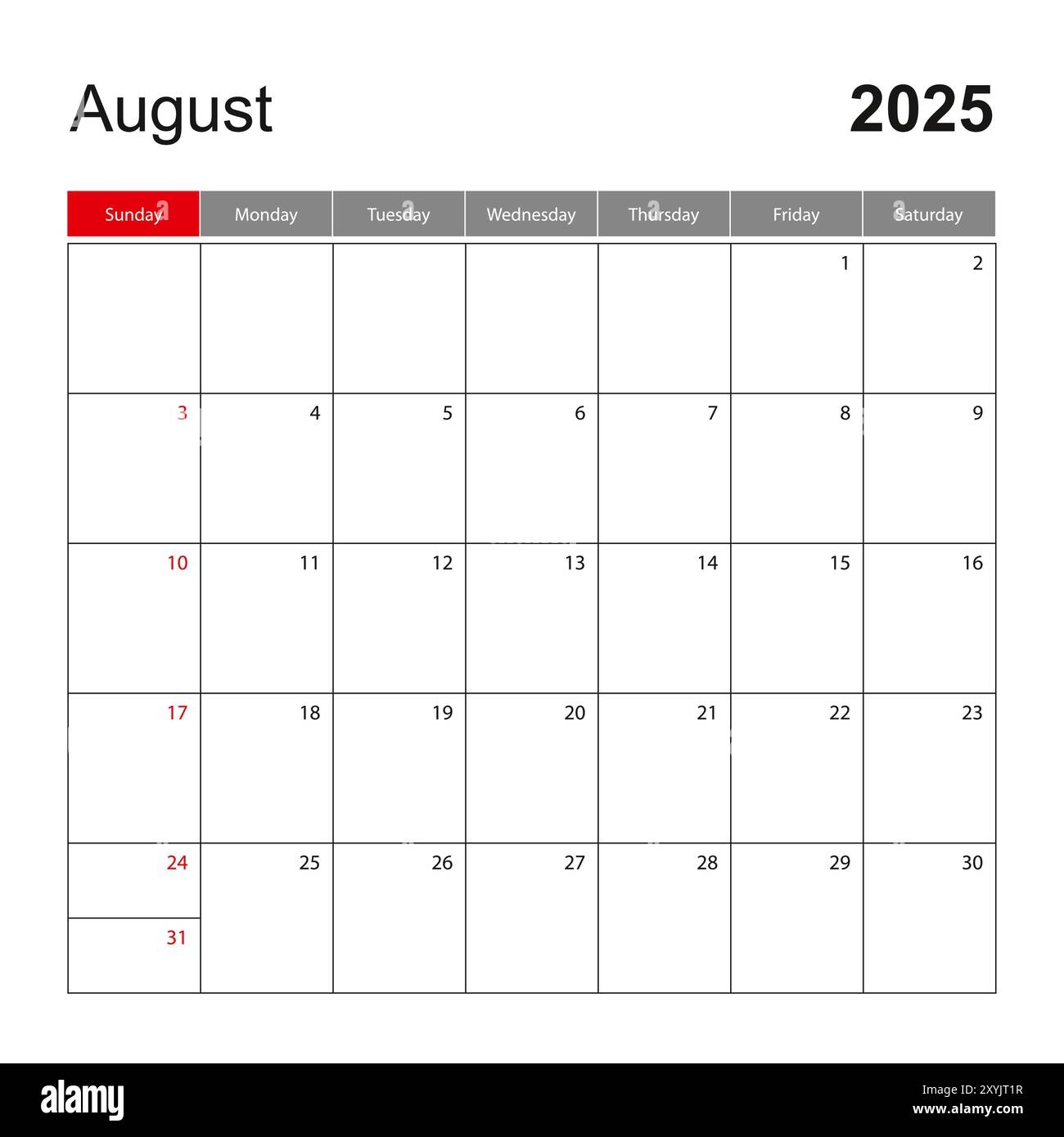 Wall Calendar Template For August 2025 Holiday And Event Planner Week Starts On Sunday Vector Template Stock Vector Image Art Alamy