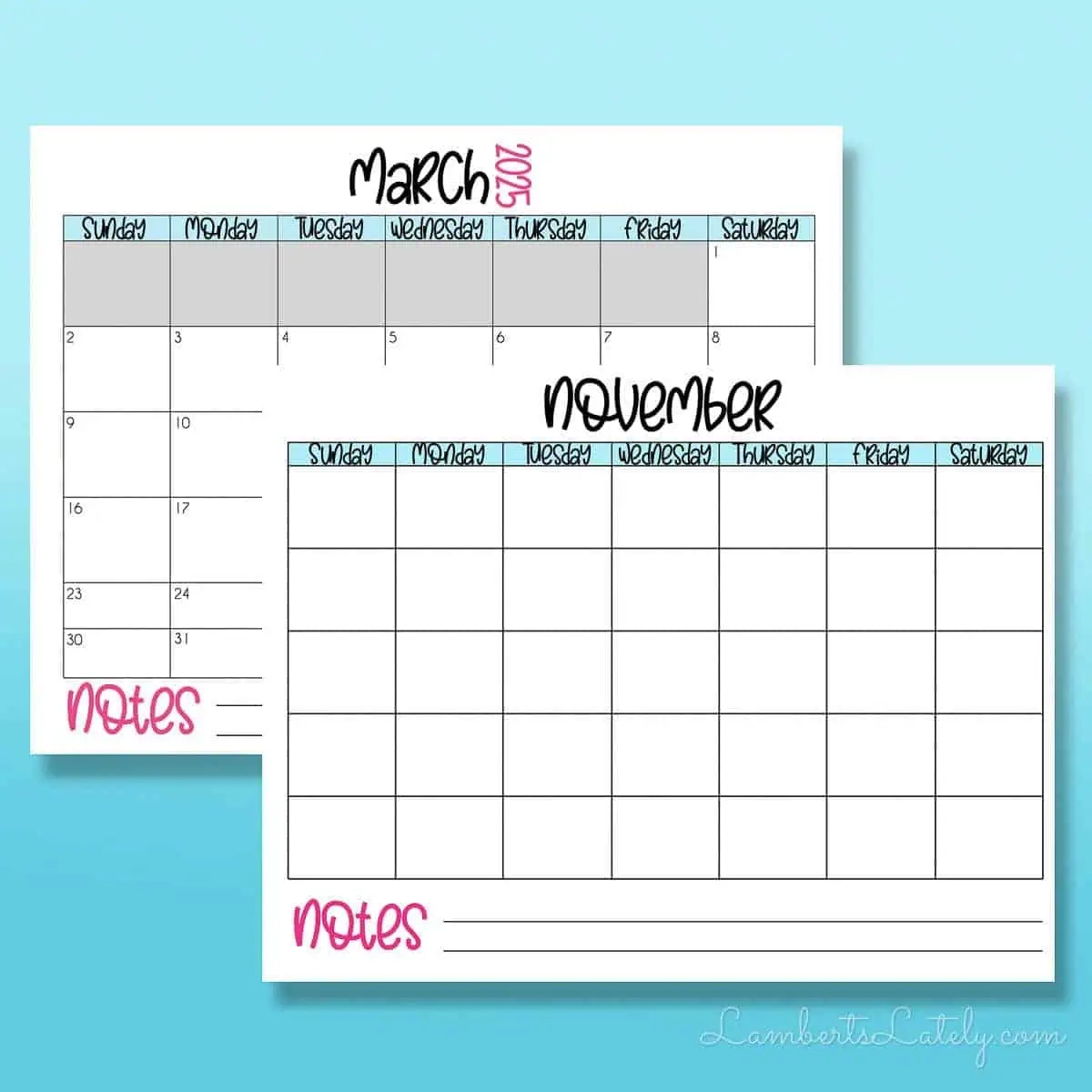 Large Lanscape Blank 2025 Calendar Templates