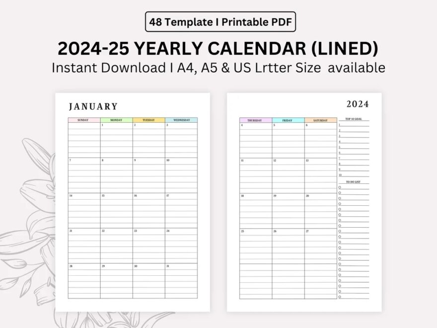 2024 2025 Monthly Lined Calendar Printable Dated Month On 2 Pages Month At A Glance A4 a5 letter half Instant Download Etsy