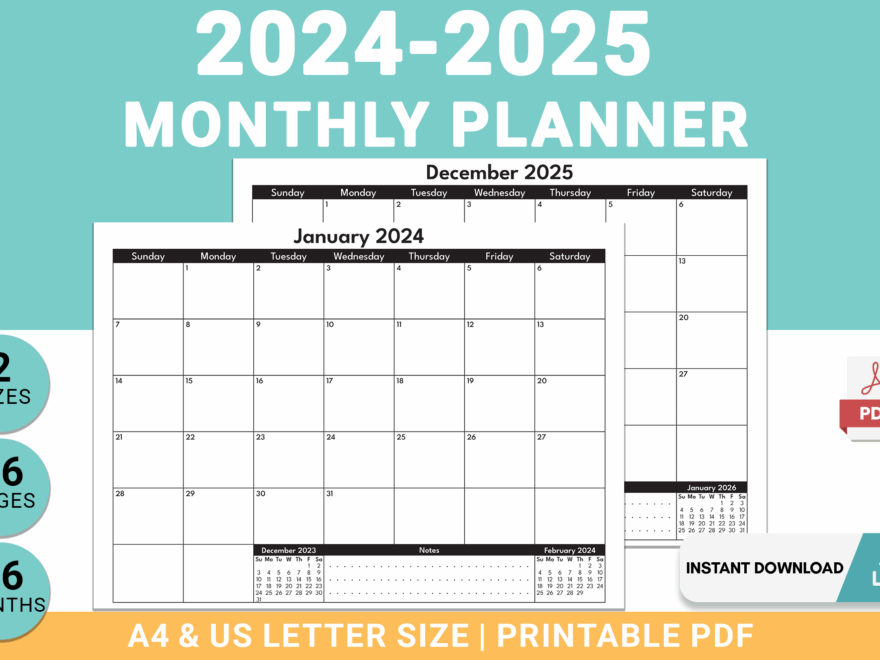 2024 2025 Monthly Planner Two Years Calendar Landscape Printable Template Minimalist Design PDF Made By Teachers