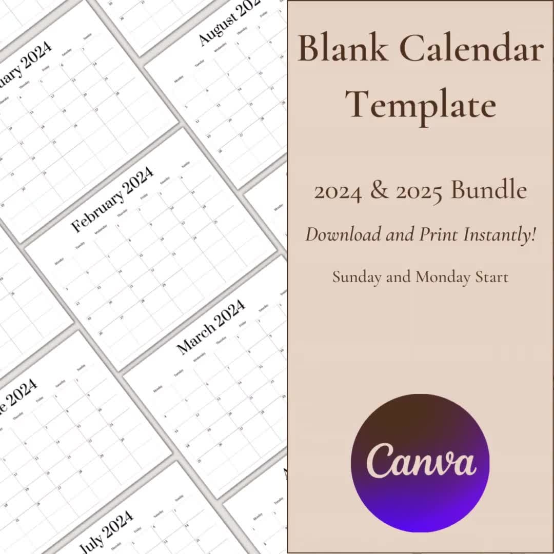 2024 And 2025 Blank Calendar Bundle Yearly Calendar Editable Calendar Digital Calendar Monday Start Calendar Sunday Start Calendar Etsy
