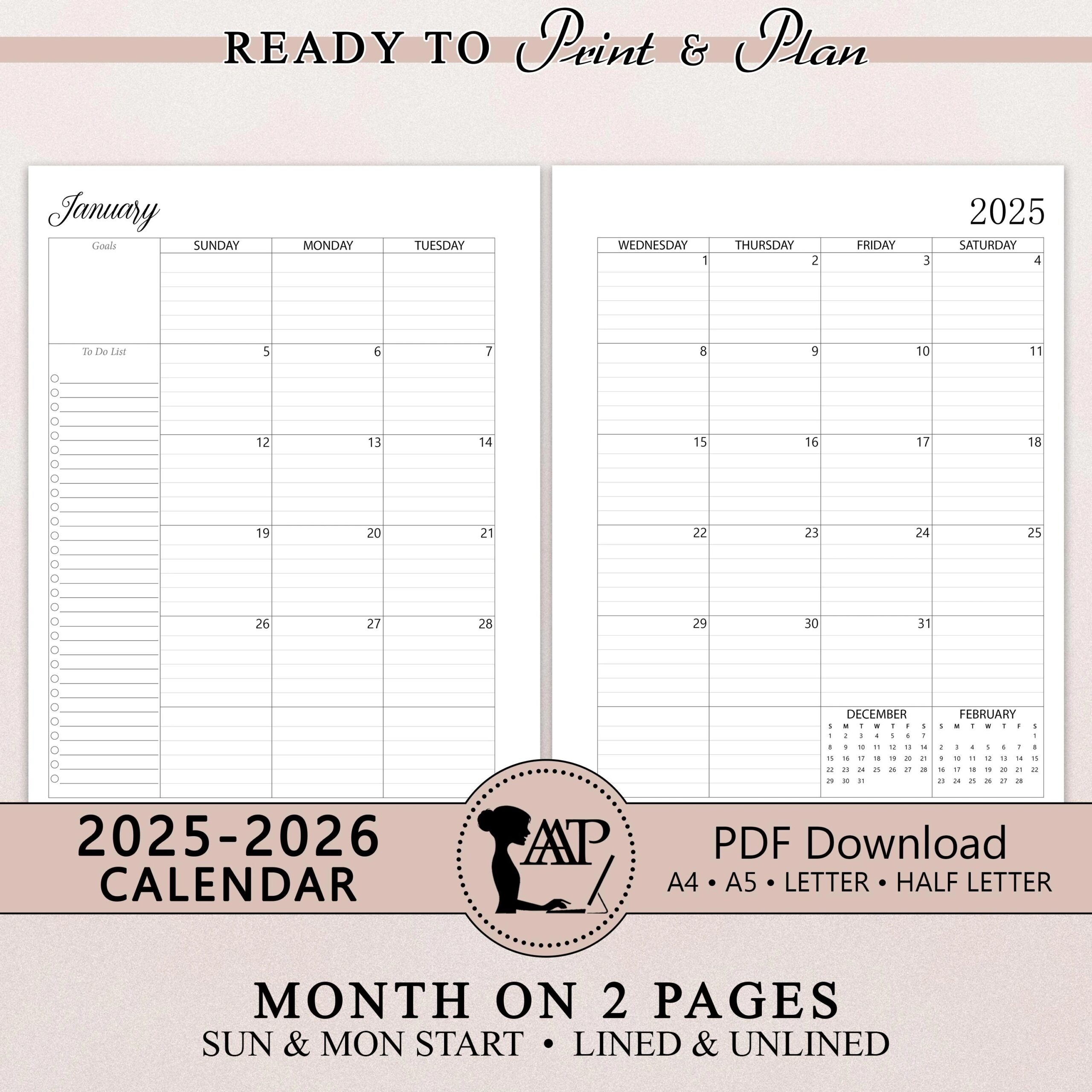 2025 2026 Monthly Calendar Printable Two 2 Page Lined Unlined Planner Insert Sunday Monday Start A4 A5 Letter Half Size PDF CLP01 01 Etsy