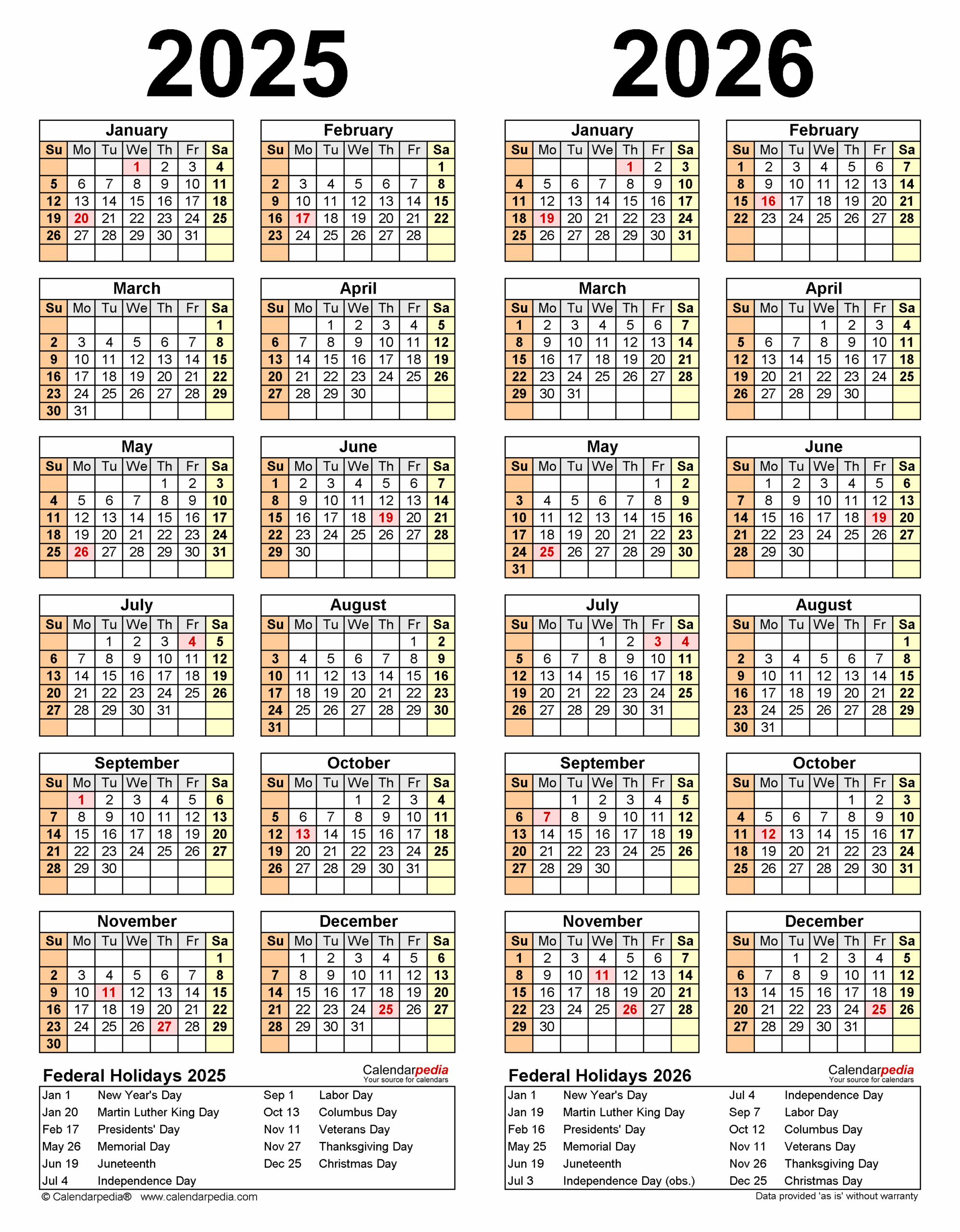 2025 2026 Two Year Calendar Free Printable PDF Templates