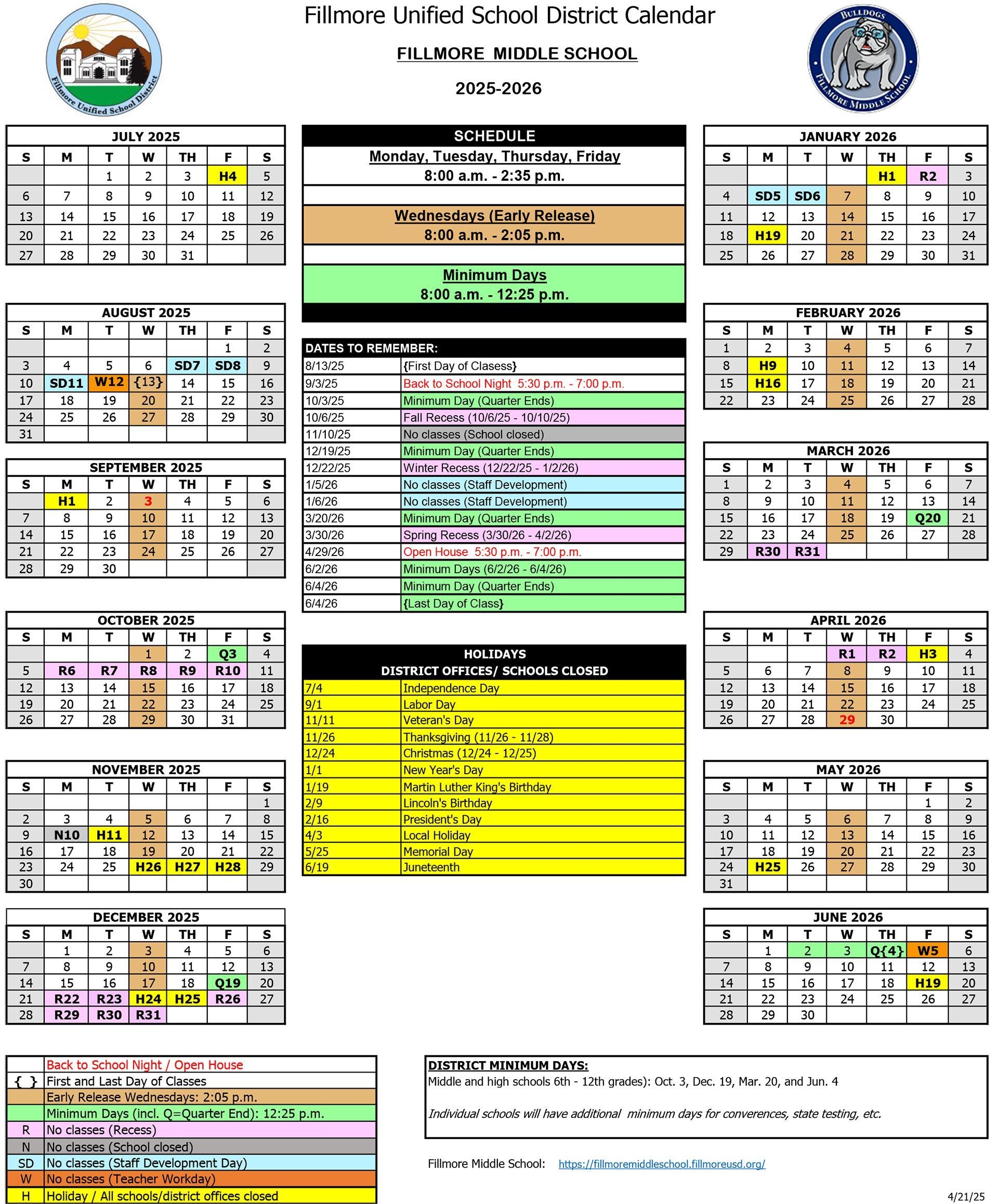 2025 26 Annual School Calendars English Spanish Family Resources And Engagement Fillmore Unified School District