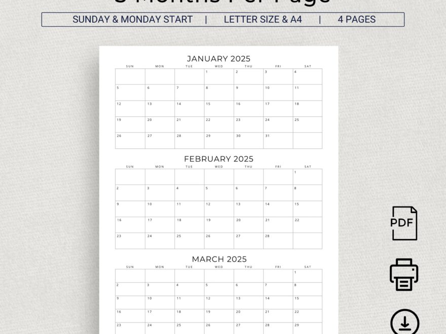 2025 3 Months Per Page Calendar Printable 2025 Monthly Calendar 2025 Monthly Planner Quarterly Work Planner Desk Or Wall Calendar PDF 2025 Etsy